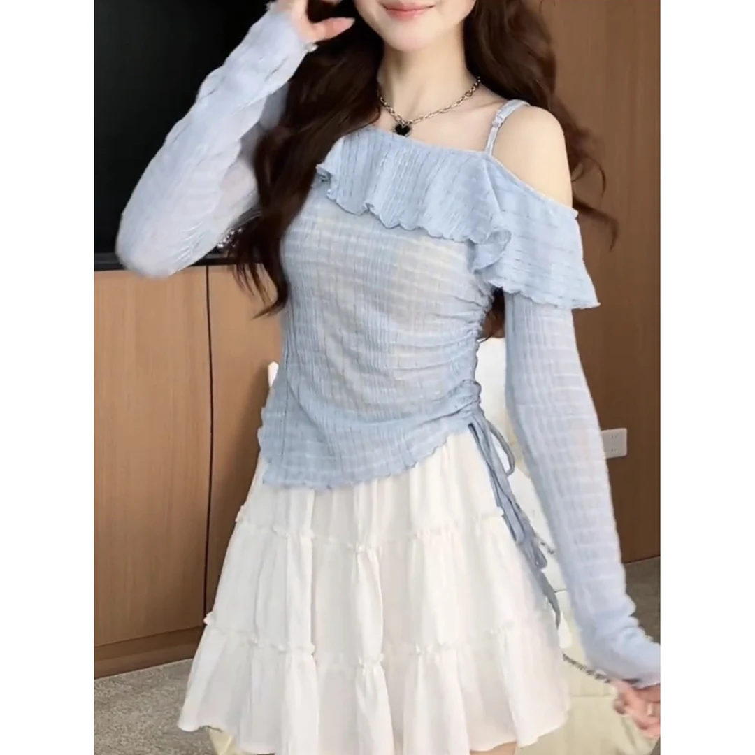 韩系氛围感穿搭别致荷叶边一字肩长袖t恤女夏季修身显瘦绑带上衣