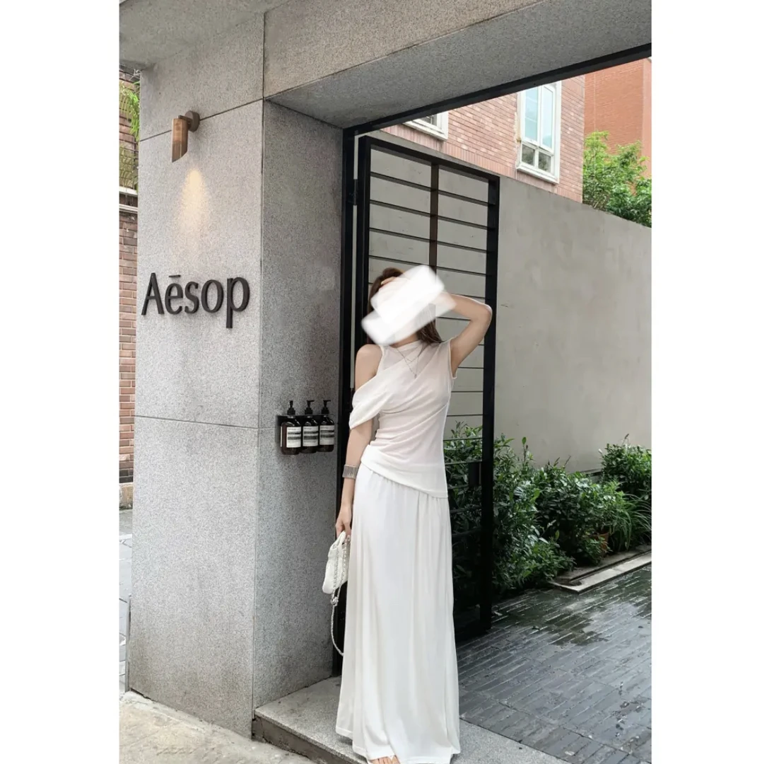 夏季2025新款时尚气质斜肩设计感上衣女长款半身裙套装