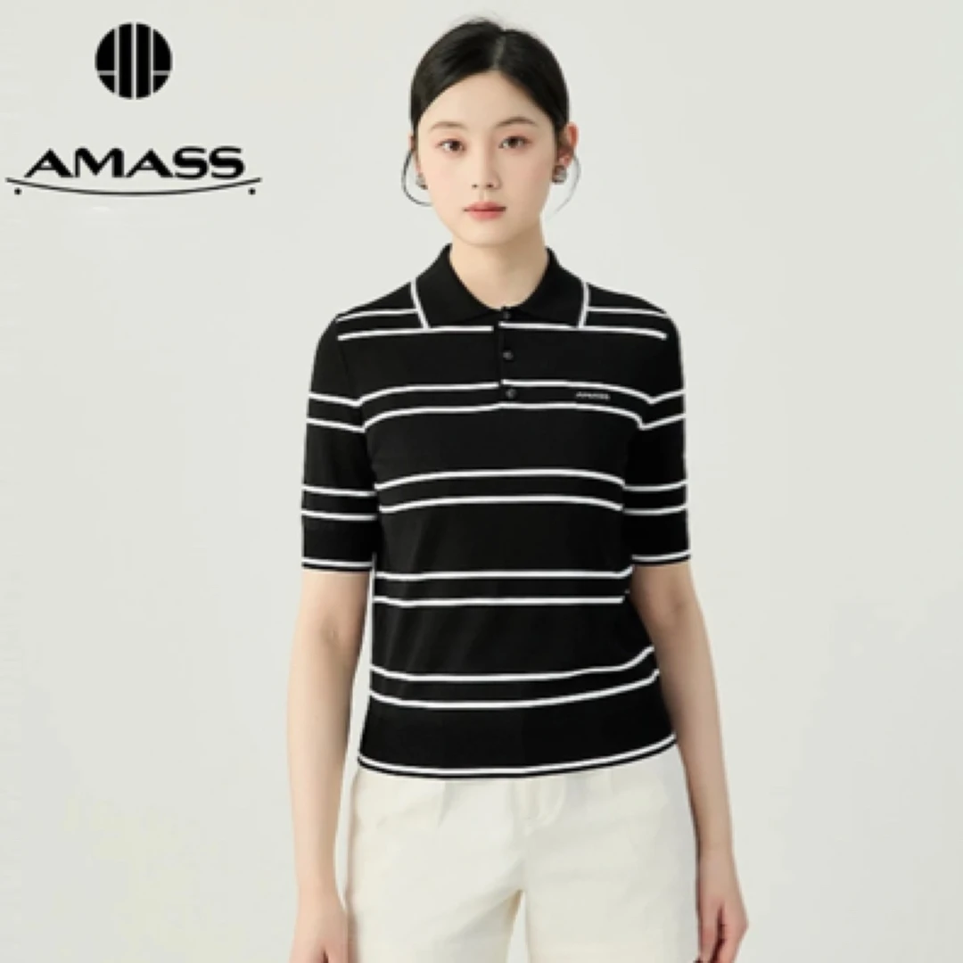 】阿玛施AMASS】538009新款日常通勤舒适撞色线条小翻领polo针织衫
