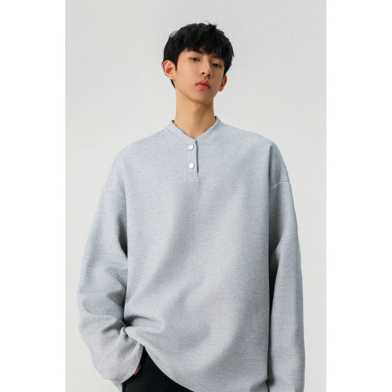 圆领长袖青少年春季拼接常规T恤翻领华夫格纯色运动男装高领