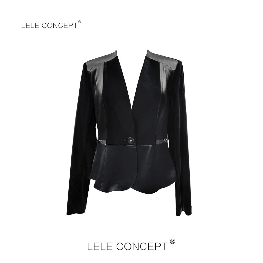 LELE CONCEPT丨【如一】新款优雅港风无领单扣拼丝绒上衣Y0539