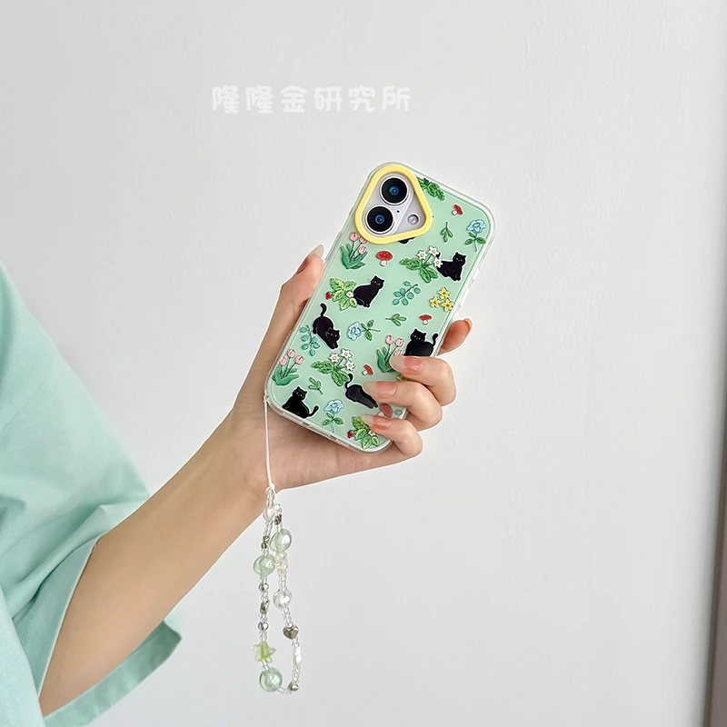 隆隆金适用苹果16手机壳可爱绿底花朵黑猫iPhone15pro防摔13/14壳