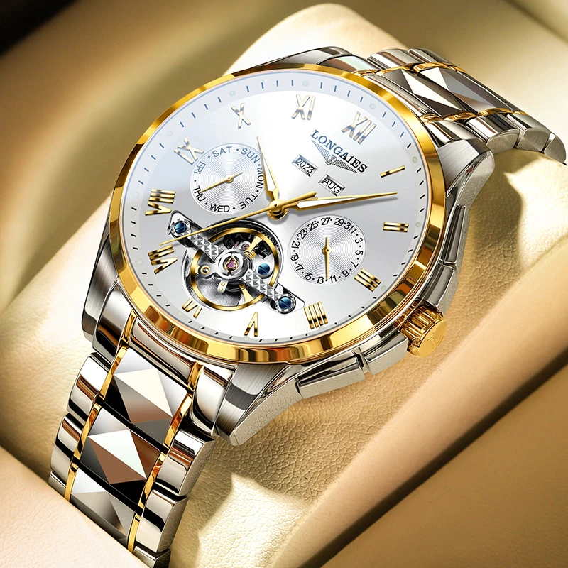 正品手表男士机械表防水商务夜光陀飞轮LONGALES 男士腕表