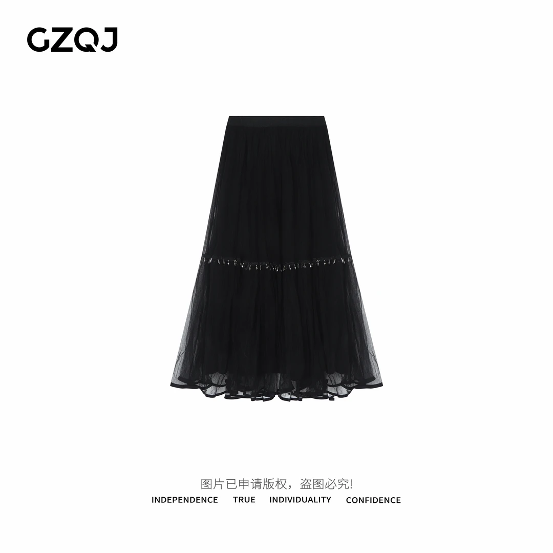 广州琴姐【月下听风】下摆花边中长款高腰网纱半身裙女春季新款6307