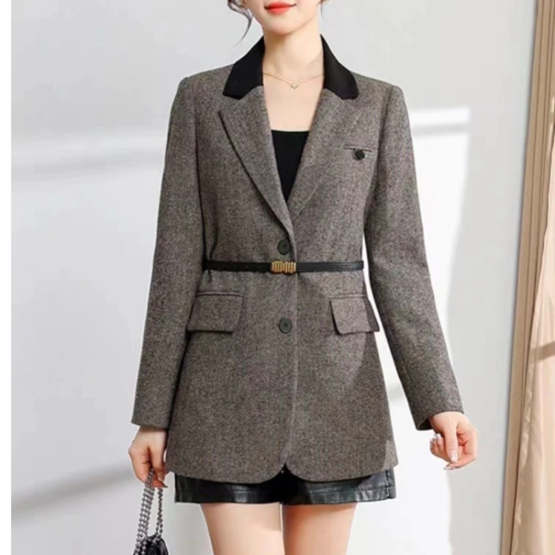 8070 时尚拼色翻领收腰显瘦气质通勤毛呢西装外套