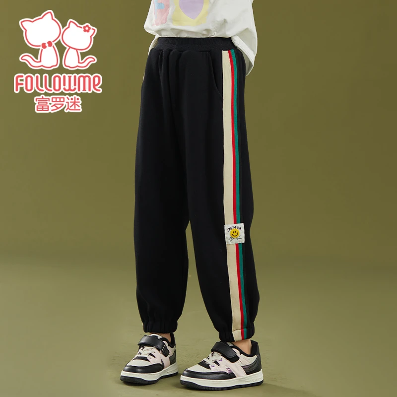 富罗迷女童加绒运动裤冬季新款学生保暖休闲条纹长裤F2D7864K