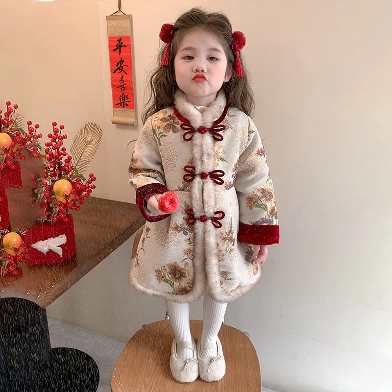 巴拉开门【商场同款】女童加厚中式国风旗袍裙冬季汉服拜年装女宝