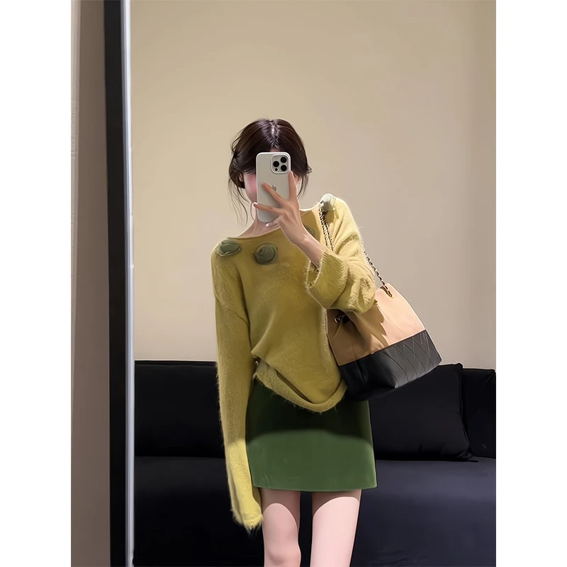 2025新款女士早秋季温柔风立体花朵圆领宽松针织衫上衣显瘦半身裙