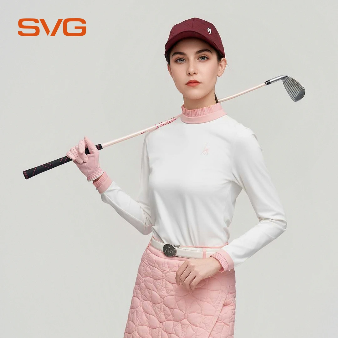 svg高尔夫25秋冬新款女士长袖t恤粉白拼接小立领百褶磨毛长袖