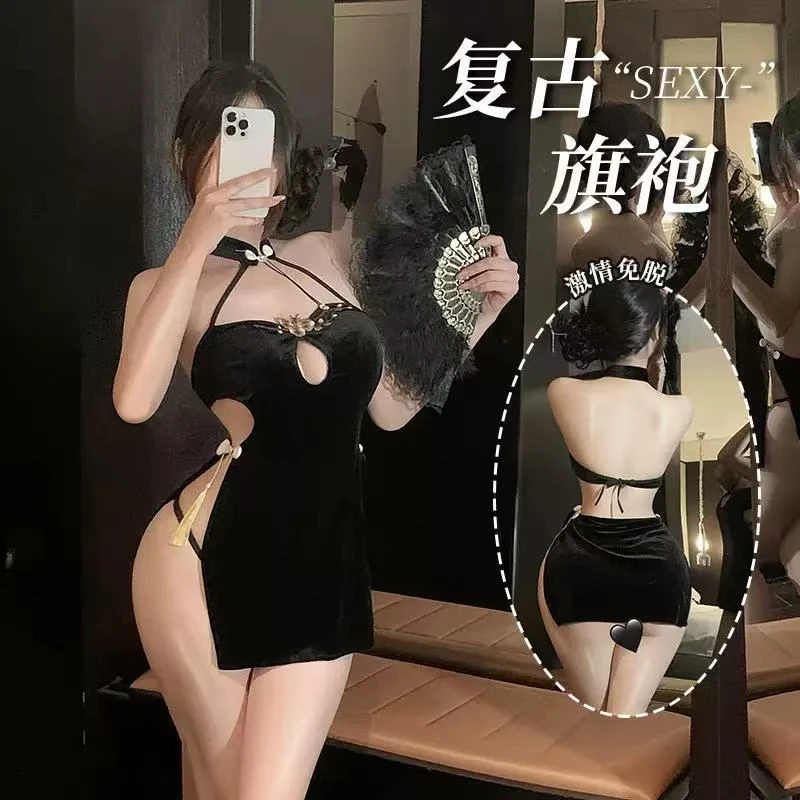 依依家黑色开叉旗袍露背火辣居家睡裙