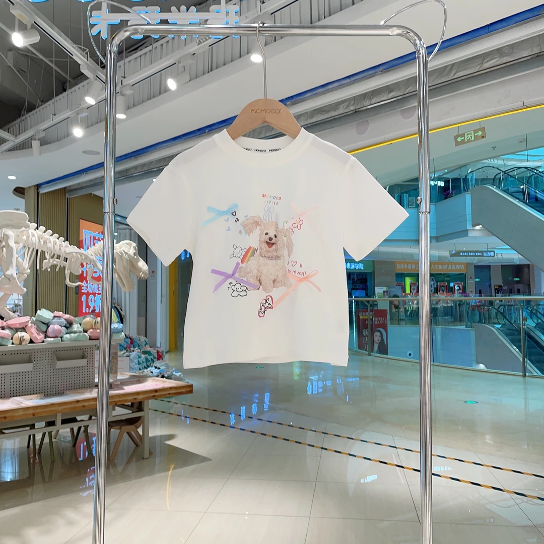 MOMOCO女童夏季蝴蝶结小狗白色T恤童装夏装上衣儿童77620235008