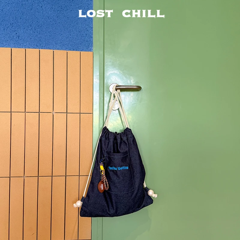 Lost Chill-春夏韩版帆布双肩包运动简约字母牛仔包抽绳粉色复古