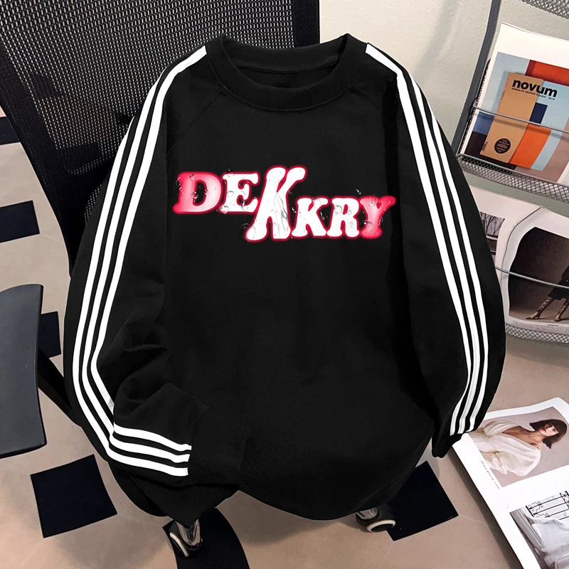 Dekkry潮流宽松三条杠纯棉长袖t恤男女秋冬创意字母印花宽松上衣