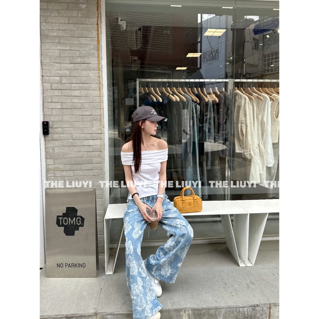 【LIUYI】冰川玫瑰~夏季设计感定制花朵牛仔直筒裤55168