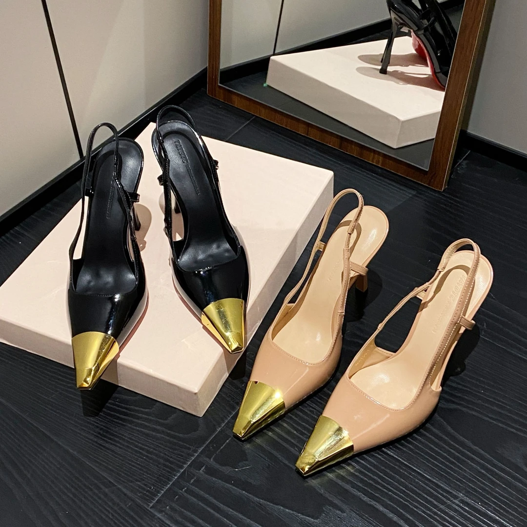 【8公分】2025早春新款气质金属尖头细高跟一字带高跟鞋女后空单鞋