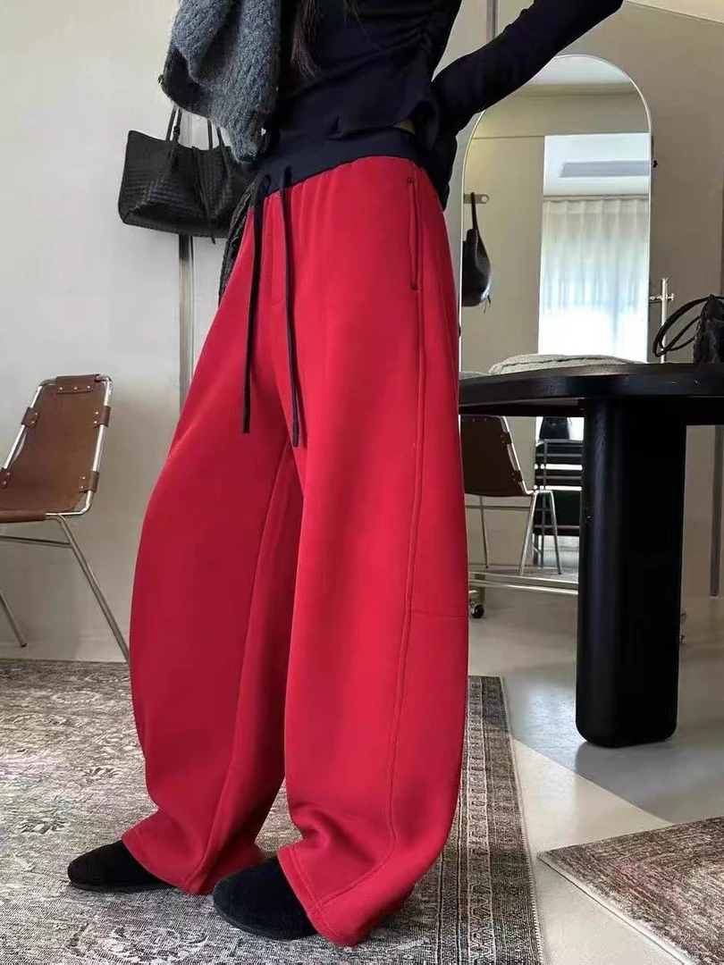 韩系满天星烫钻弯刀裤显瘦百搭新款Q遮肉减龄松紧腰系带休闲长裤