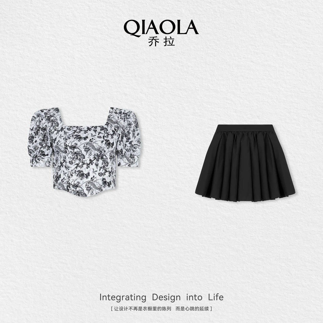 QIAOLA/乔拉【赫本假日】夏新款梭织印花弹性温和亲肤时尚套装预售