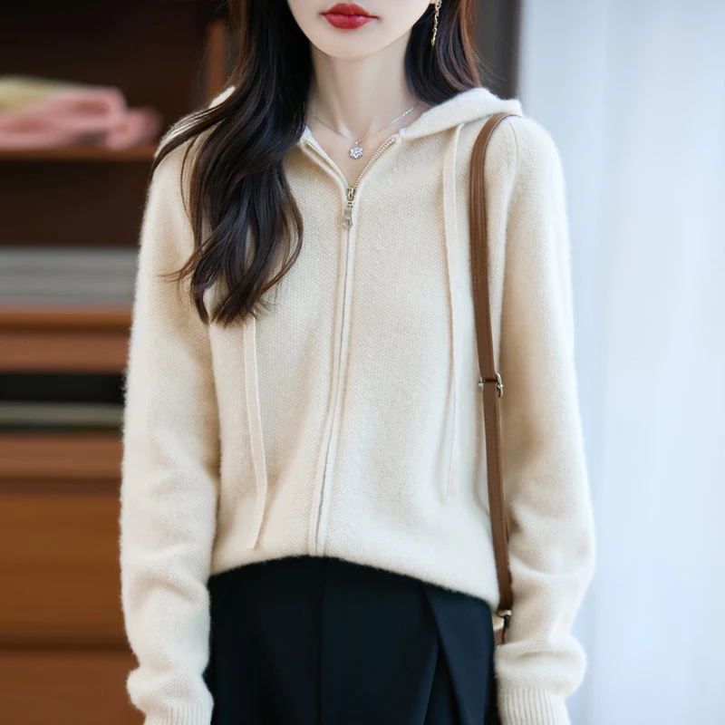 正品100%纯羊毛衫女针织开衫秋冬宽松休闲百搭加厚连帽毛衣外套女