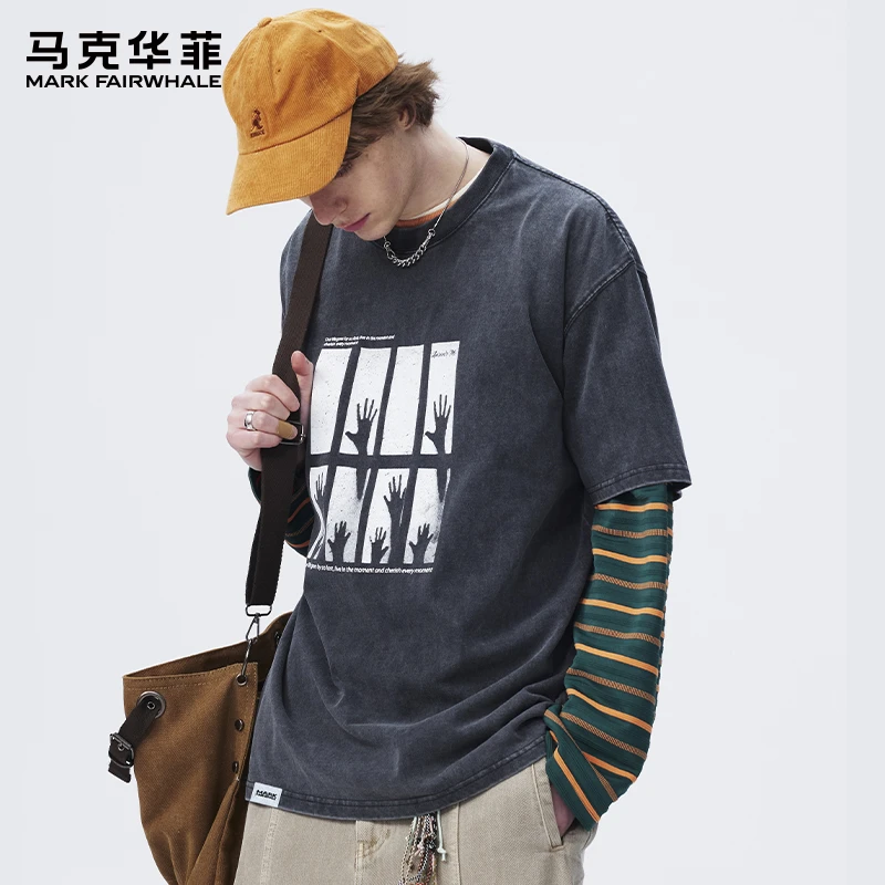马克华菲夏季薄款美式印花短袖t恤男士新款百搭宽松圆领纯棉上衣