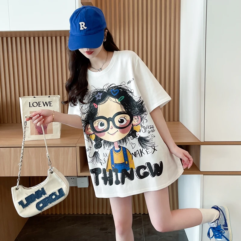 宽松中长款短袖T恤女纯棉夏季爆款百搭韩版时尚减龄卡通大码上衣