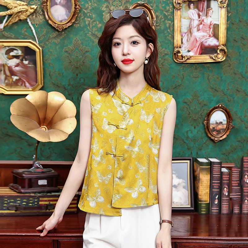 2025年夏季高级感无袖别致新中式国风上衣时尚显瘦复古衬衣