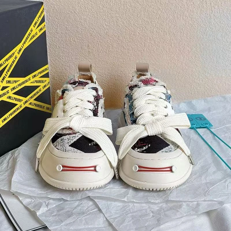 迷彩蓝开口笑帆布鞋男女同款情侣小众校园百搭学生ins潮厚底板鞋