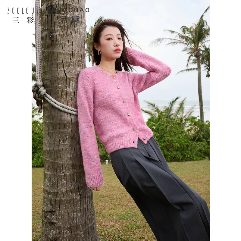 【商城专享】三彩大码女装春季新款晕染毛衣圆领针织开衫外套长袖