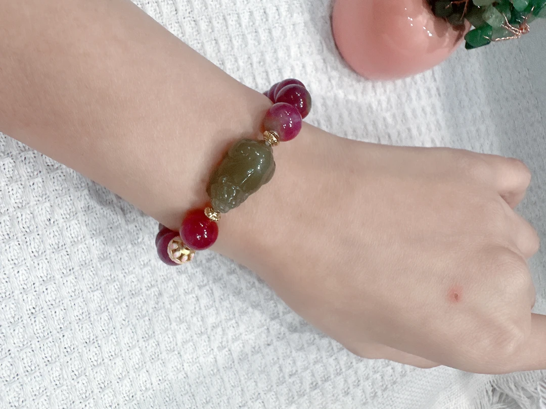 紫红色碧玺【稀缺色】和田玉貔貅手链（卡10）