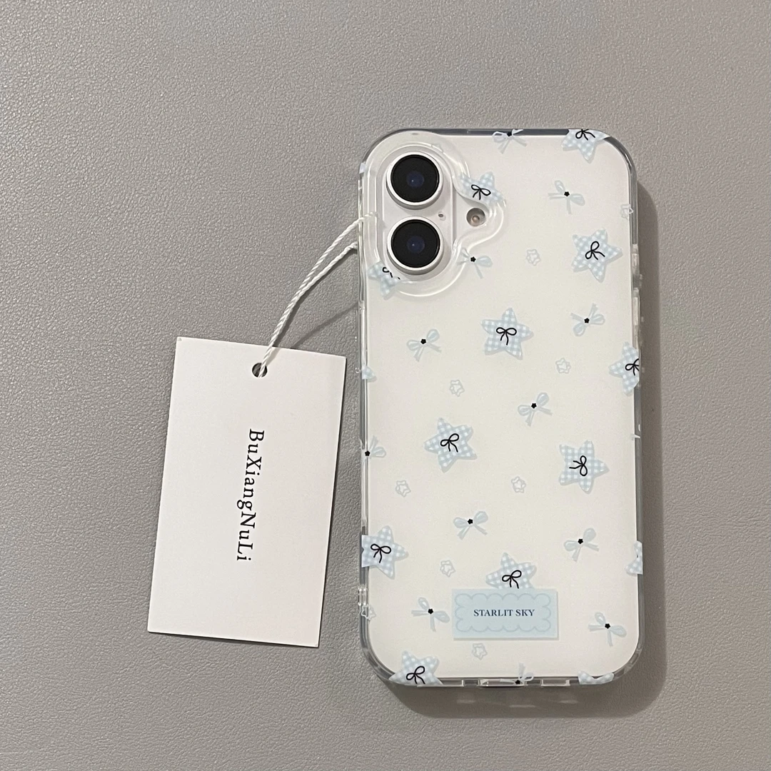 韩系ins蓝格纹星星蝴蝶结适用苹果16pro手机壳iPhone15全包14/13