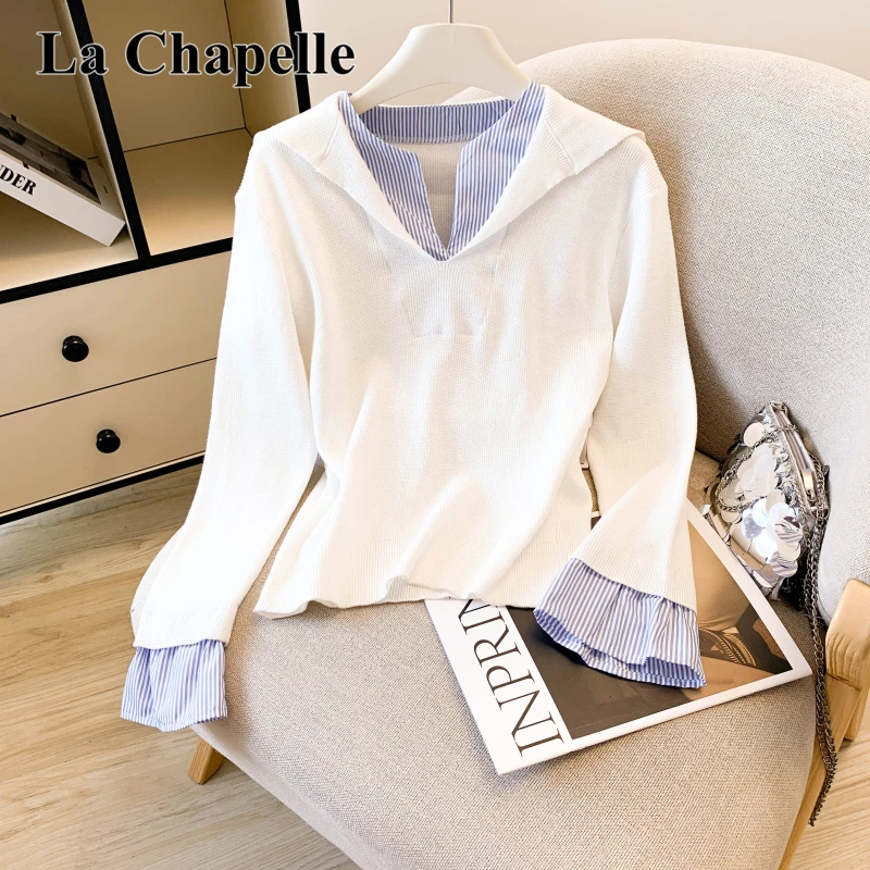 拉夏贝尔假两件条纹长袖针织衫女2025早秋季新款内搭通勤百搭上衣