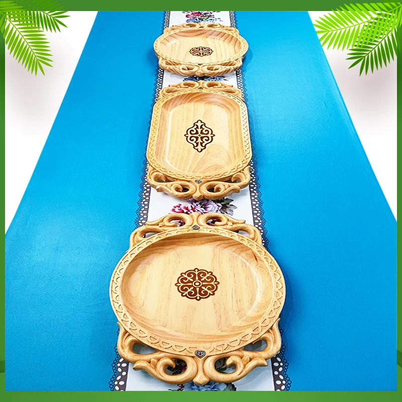 Aksaray工艺品民族特色家用雕刻空心边带花纹木盘三件纳仁盘肉盘