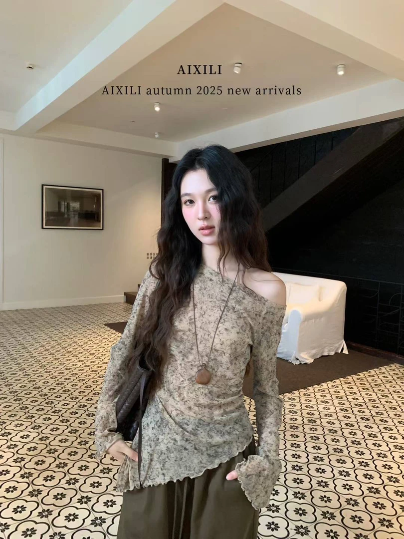 秋季高级感斜肩晕染复古开叉不规则下摆设计感上衣小衫