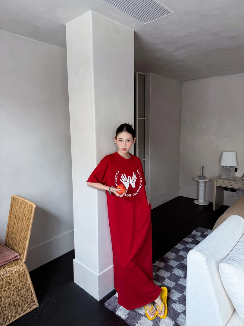 杨九七 短袖印花宽松连衣裙女夏季时尚休闲慵懒风H型显瘦长裙7748