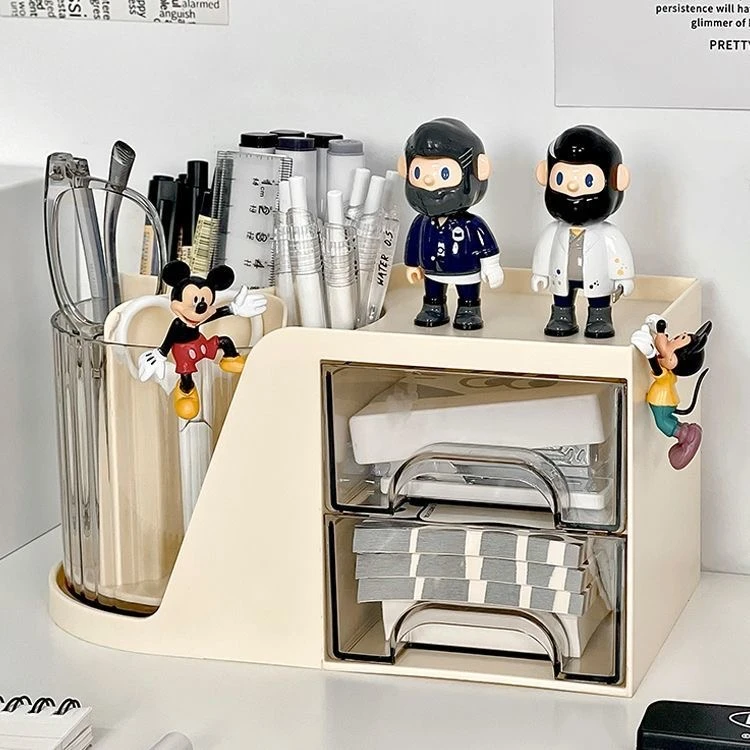 360度可旋转笔筒ins多功能大容量桌面透明抽屉式笔筒化妆刷收纳筒