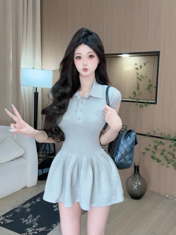 【女高中生】元气辣妹修身polo领针织空气百褶裙连衣裙8010