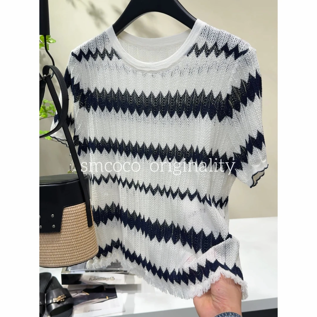 【重磅新款】镂空条纹休闲减龄洋气时尚气质百搭针织衫LX2532