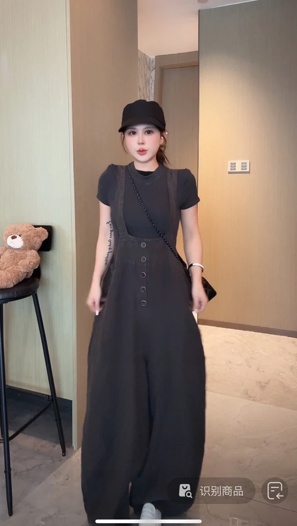 LMM  2025夏季新款休闲百搭简约风半系扣阔腿背带裤