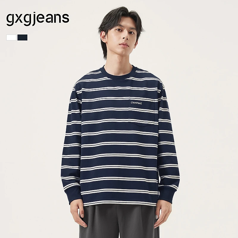 gxg.jeans男装 多色撞色条纹时尚宽松圆领长袖T恤男 25年秋新品