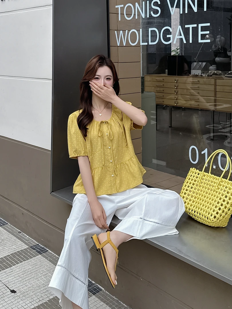 25A52#显瘦短袖短款灯笼袖波点常规袖T恤洋气夏装东方洛可可