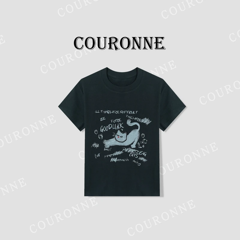 【小熊】-春夏‘’伸懒腰小猫‘’钉珠设计减龄休闲小个子短袖31664