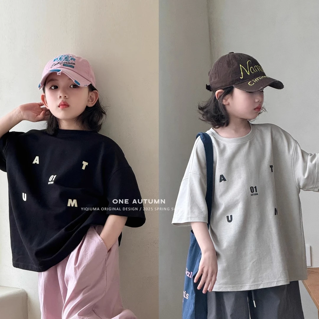 欧若风纯棉韩系圆领字母T恤女童春夏季短袖上衣儿童夏季宽松休闲