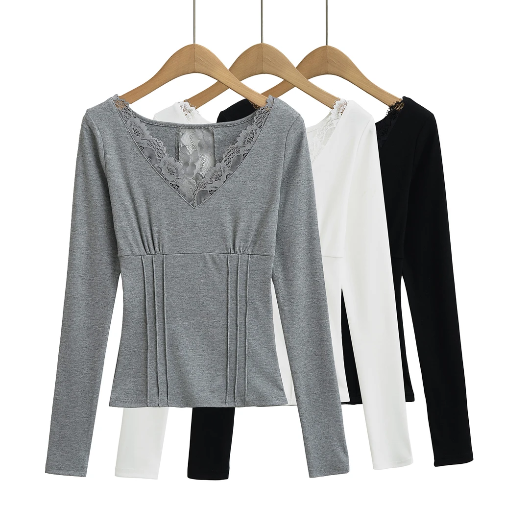 纯欲蕾丝拼接v领长袖t恤女春秋修身显瘦设计感内搭打底衫