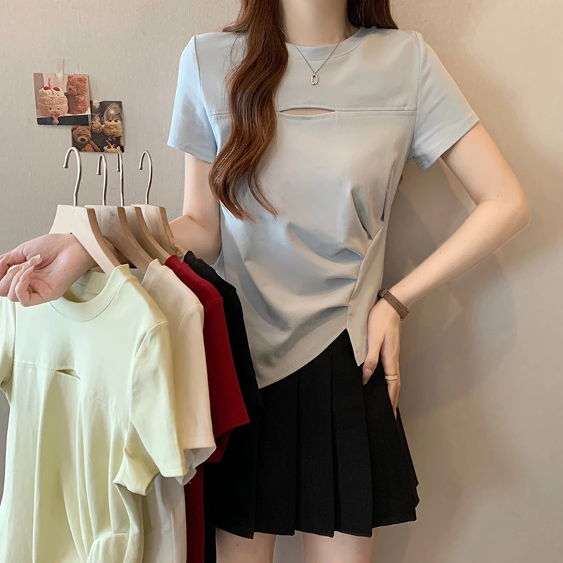 大码不规则正肩短袖t恤女2025新款夏胖mm显瘦设计感褶皱短款上衣