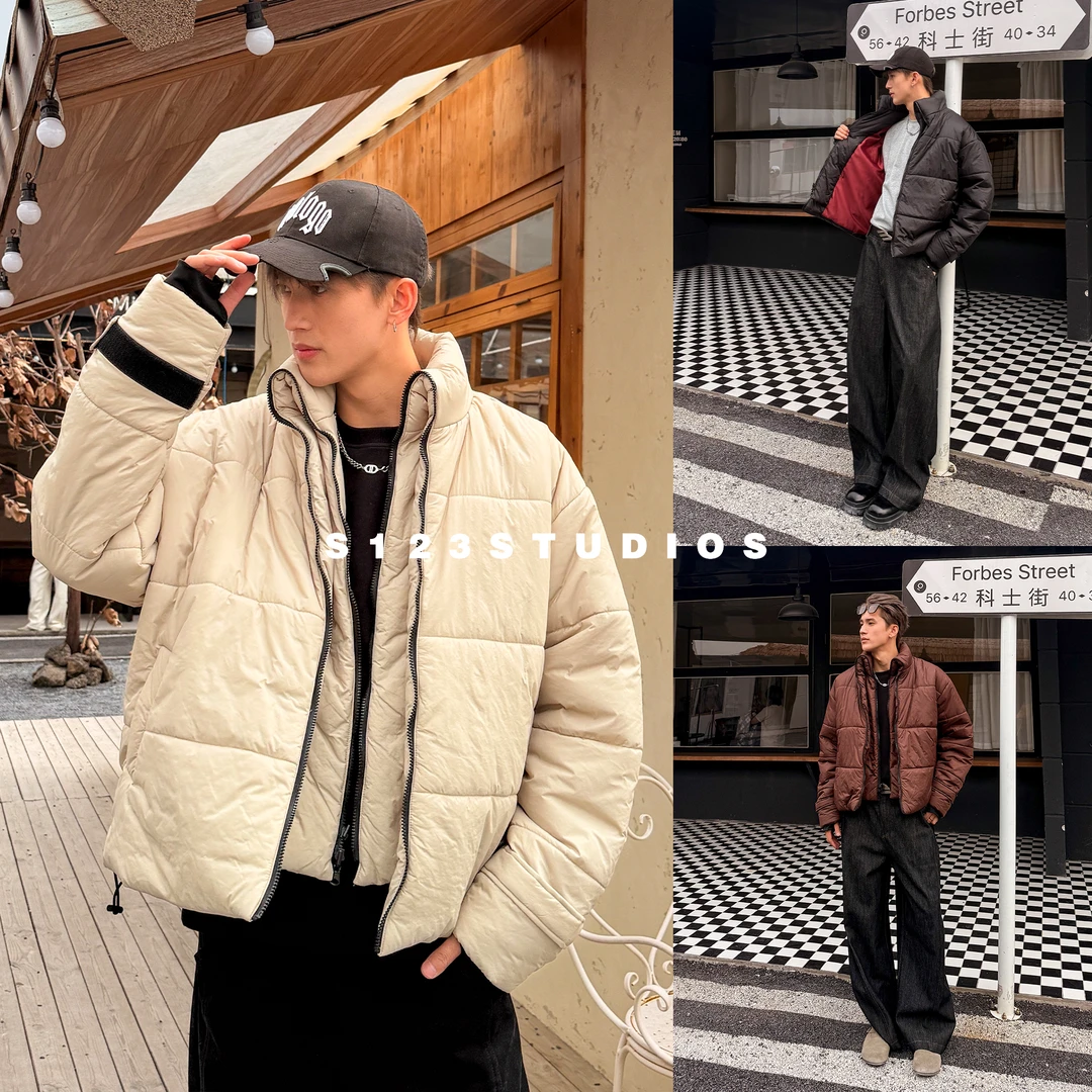 S123 小众复古双拉链设计感立领面包棉服美式潮牌加厚保暖夹克