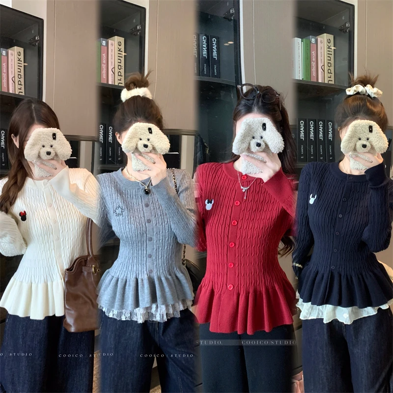 大码女装秋冬胖妹妹荷叶边针织开衫麻花毛衣长袖遮肉收腰鱼尾外套