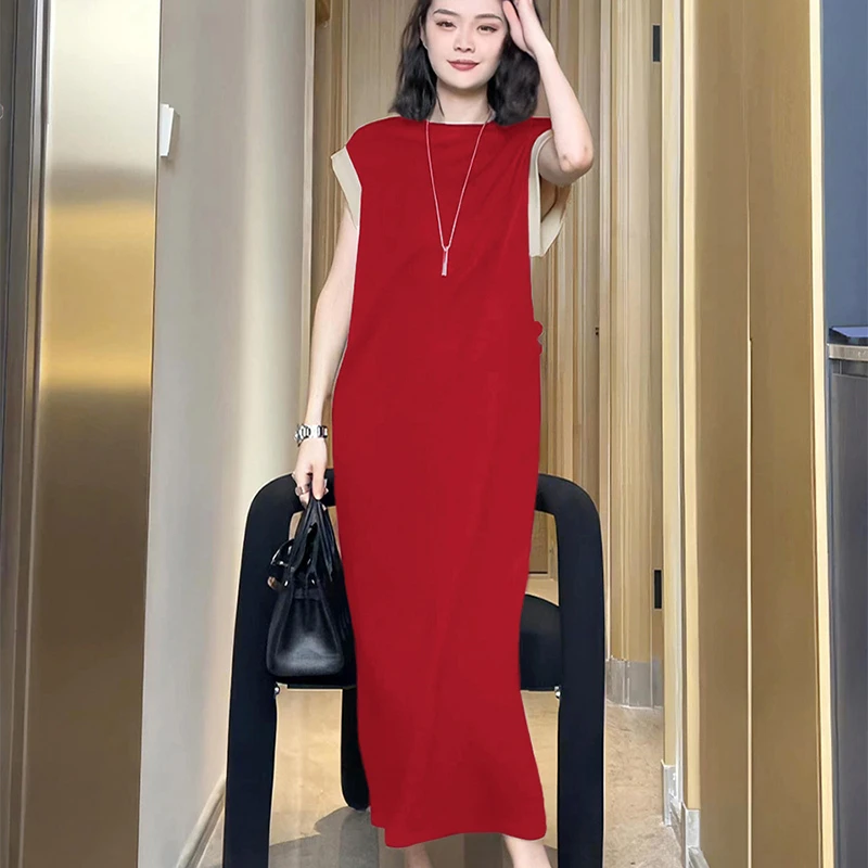 红色无袖夏季连衣裙显瘦礼服裙长裙大码时尚洋气遮肚宽松长款裙子