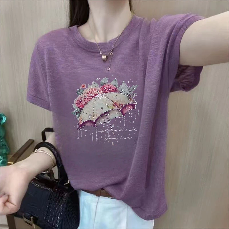 雪花棉圆领T恤女夏季小众2025新款遮肉洋气印花简约短袖宽松上衣