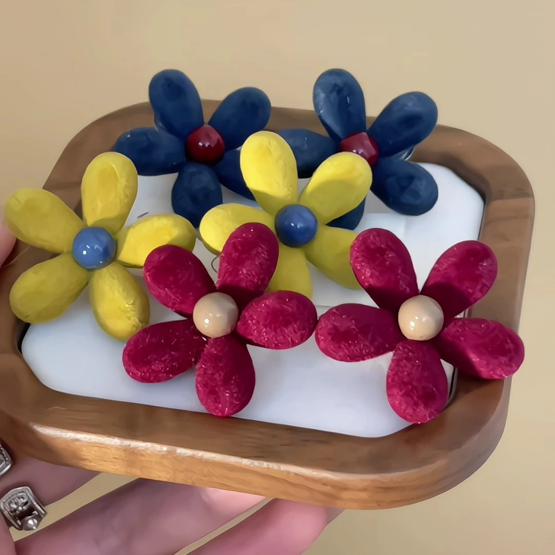 合金耳饰 韩版可爱撞色花朵耳钉小众秋冬百搭耳饰时尚红色耳环