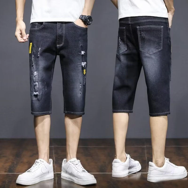 2025新款七分牛仔短裤男夏季薄款潮牌宽松直筒弹力中裤韩版半截裤