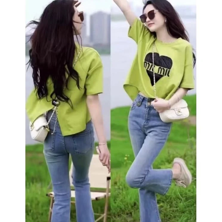 夏季新款时尚圆领后背开叉短袖T恤女百搭设计感洋气显瘦上衣